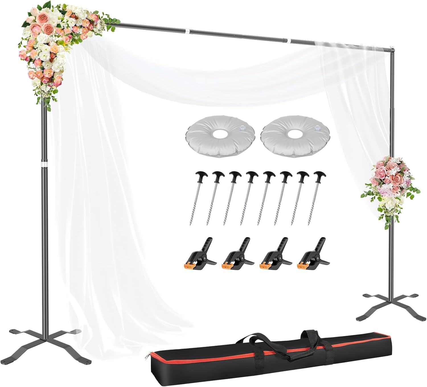 emart backdrop stand 10x8.5ft photo studio adjustable&lockable background stand support kit with cross base for photography, parties, wedding, outdoors (with 8 tent nails, 2 water bag, 4 clamps) 8.5x10ft(cross base) black