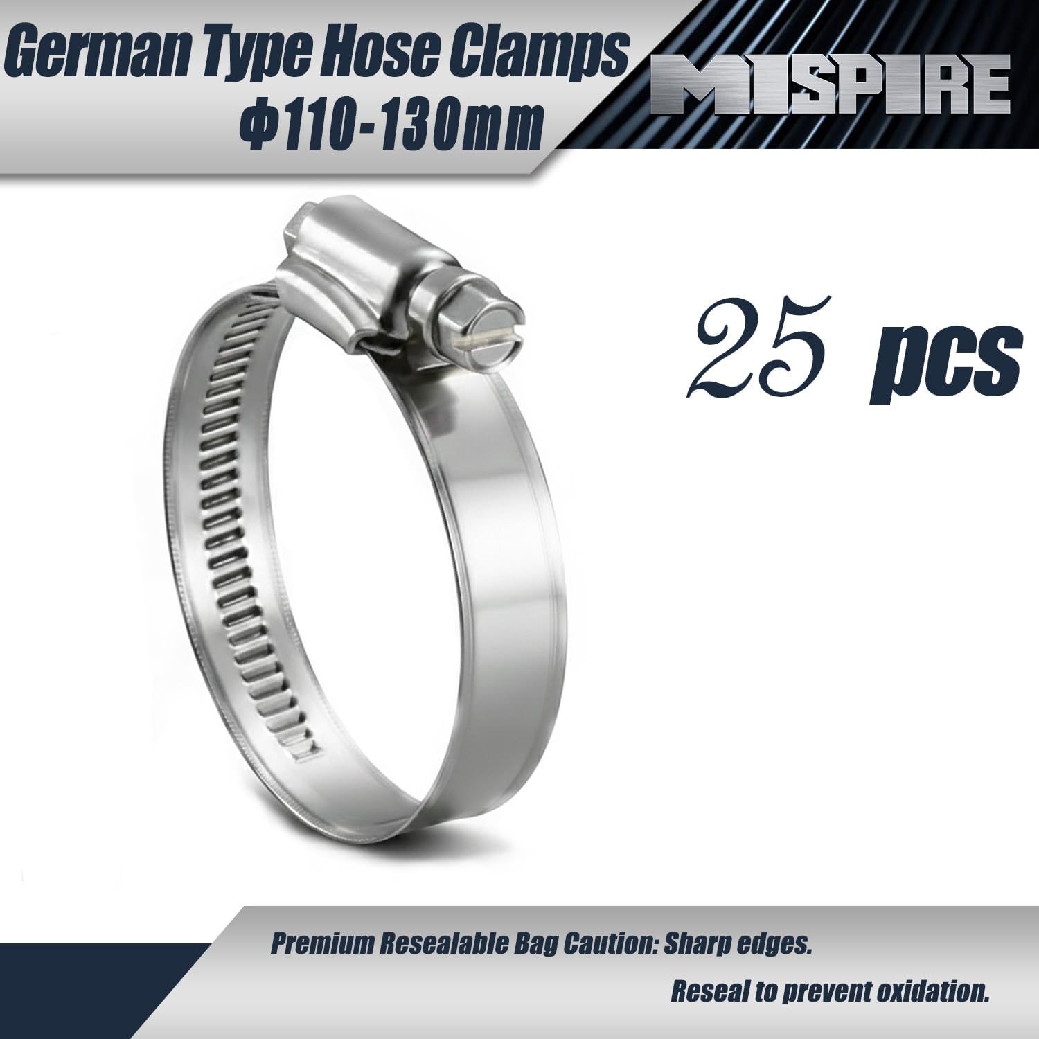 Heavy Duty Hose Clamps 110-130mm Pack of 25, Adjustable Worm Gear Drive Hose Clamps, Stainless Steel 304 German Style Pipe Clamps for Fuel Injection Line, Automotive, Radiator, Garden,Plumbing