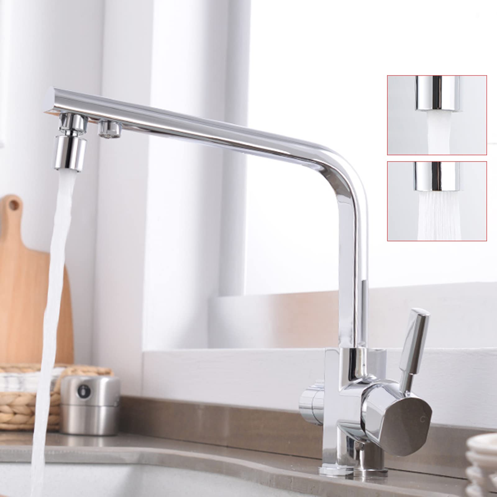 Robinet d'évier de Cuisine à Filtre à 3 Voies avec Bec pivotant pour Eau Potable Pure 3 en 1 mitigeur de Cuisine avec Sortie d'eau filtrée chromée monomode
