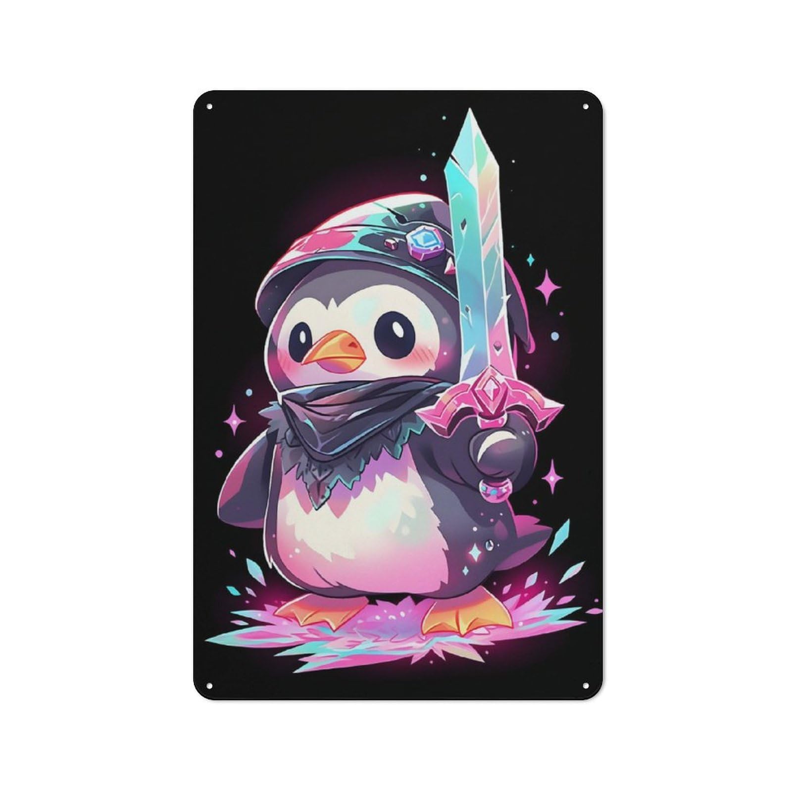 Junmoney Magical Penguin Swordsman Tin Wall Plaque 30X20cm With For Man Cave Or Games Room, A New Home Present For Leisure-Room Decor Enthusiasts