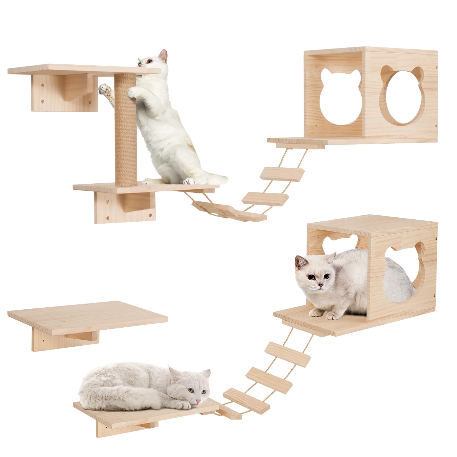 Opetdo Juego de 5 estantes de pared para gatos y escaladores de madera estables, parque de pared con casa para gatos, puente para gatos, árbol de gatos, estantería de pared para gatos, juego de
