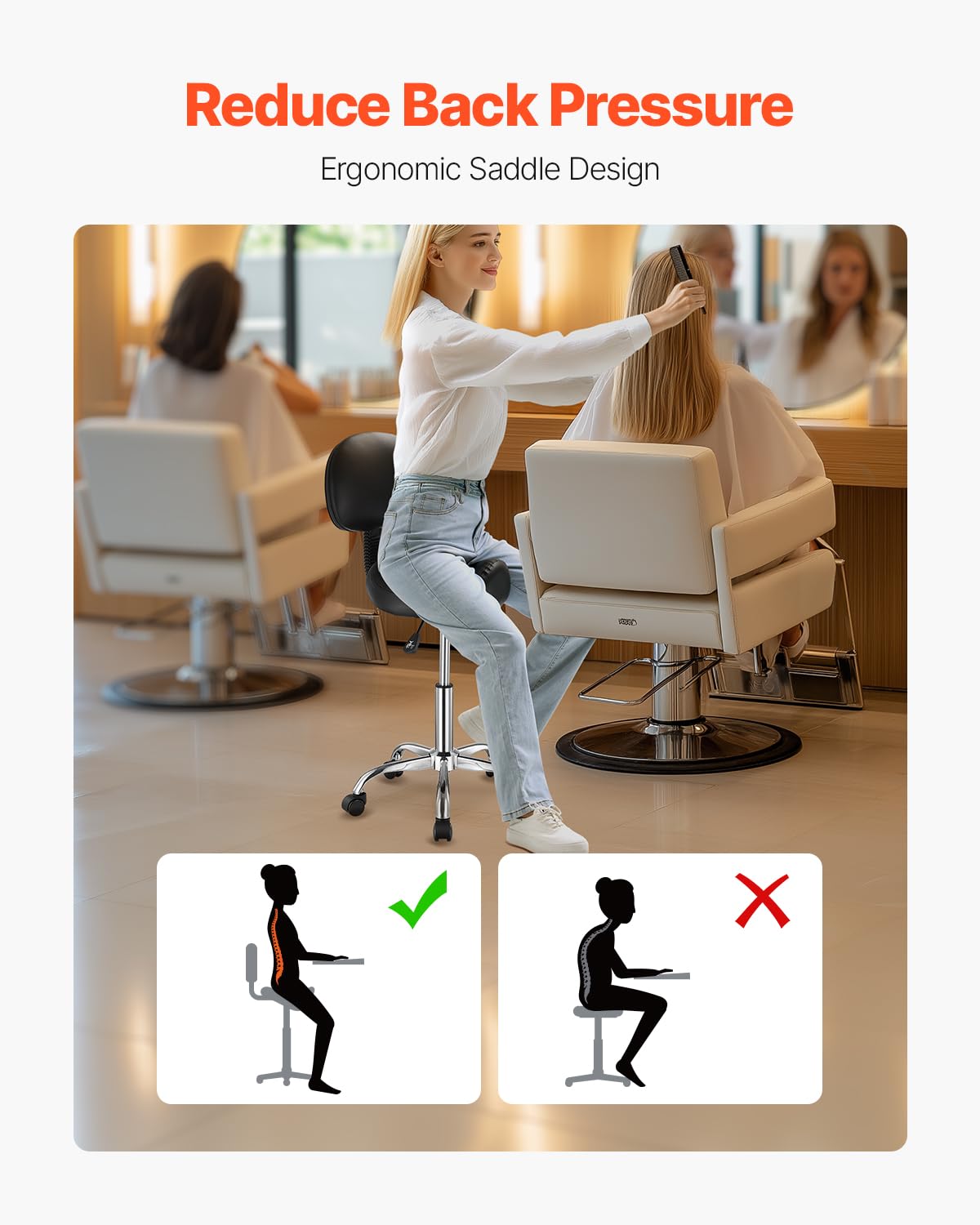 VEVOR Taburete Giratorio Altura Ajustable de 84-100cm Carga de 204kg, Taburete de Trabajo con Respaldo, Silla de Montar Giratoria Ergonómica de Cuero de PU para Salón SPA Clínica de Masaje, Negro