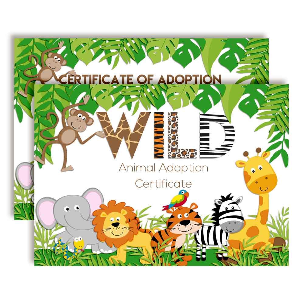 Jungle Wild Plush Pet Stuffed Animal Themed Certificates of Adoption for Kids' Birthday Parties, 10 5x7 Fill in Cards by AmandaCreation