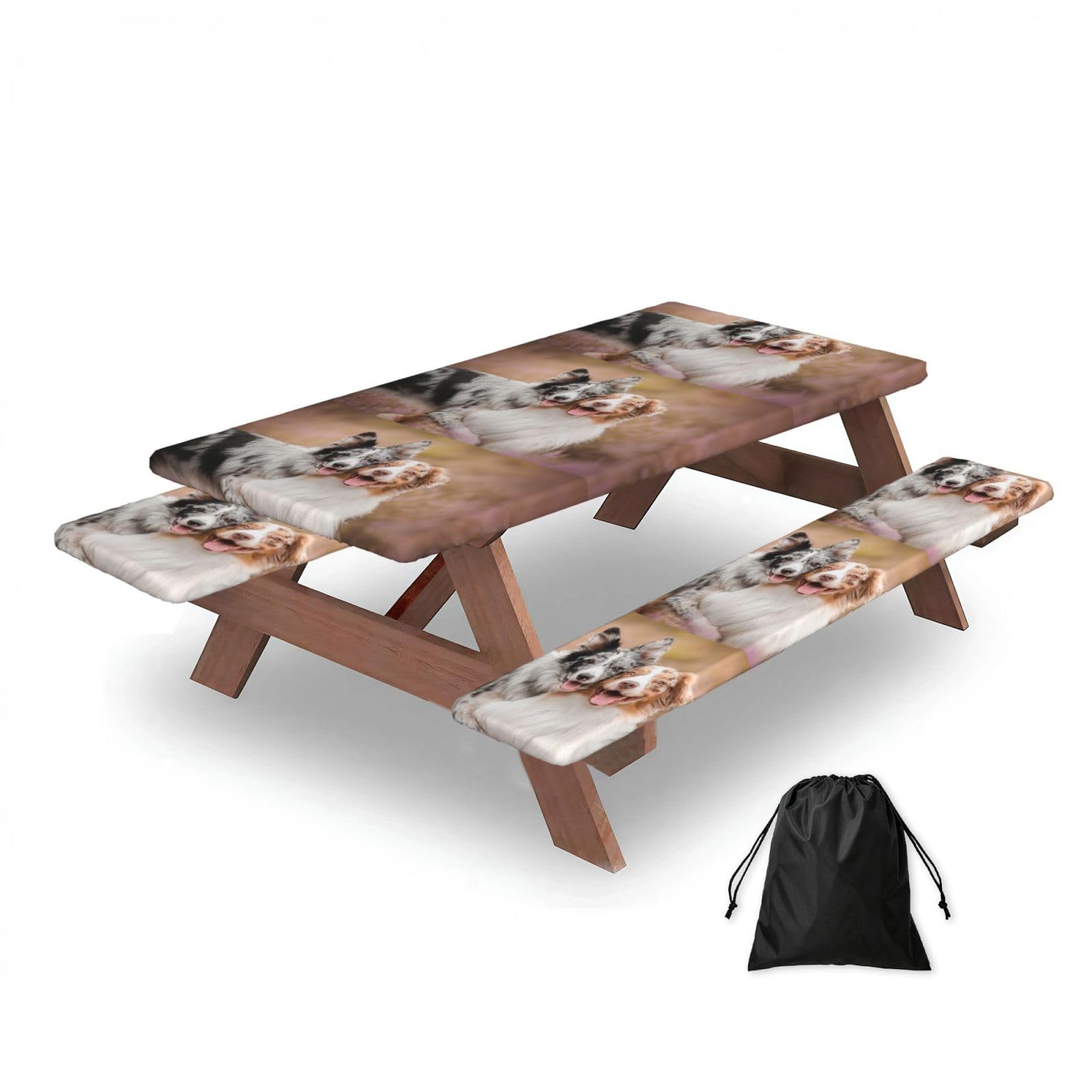 Dopklna As Picture Australian Shepherd Dogs Couple Dogs Aussies, Picnic Table Cover With Bench Covers -Waterproof Elastic Fitted Tablecloth For Garden Camping Patio 76X152cm