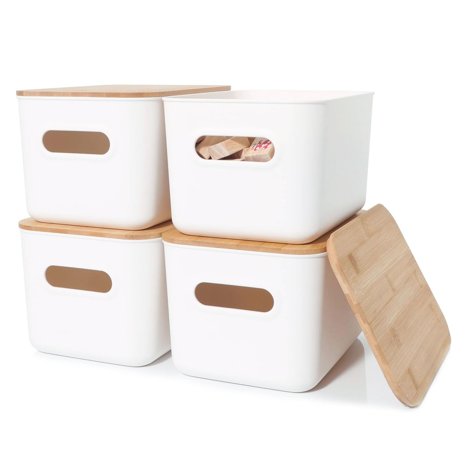 WOPPLXY 4PCS White Storage Boxes with Bamboo Lid - 6.5L Stackable Plastic Storage Box with Lids Durable - White Plastic Storage Containers with Lid for Desktop, Bathroom, Kitchen, Home and Office