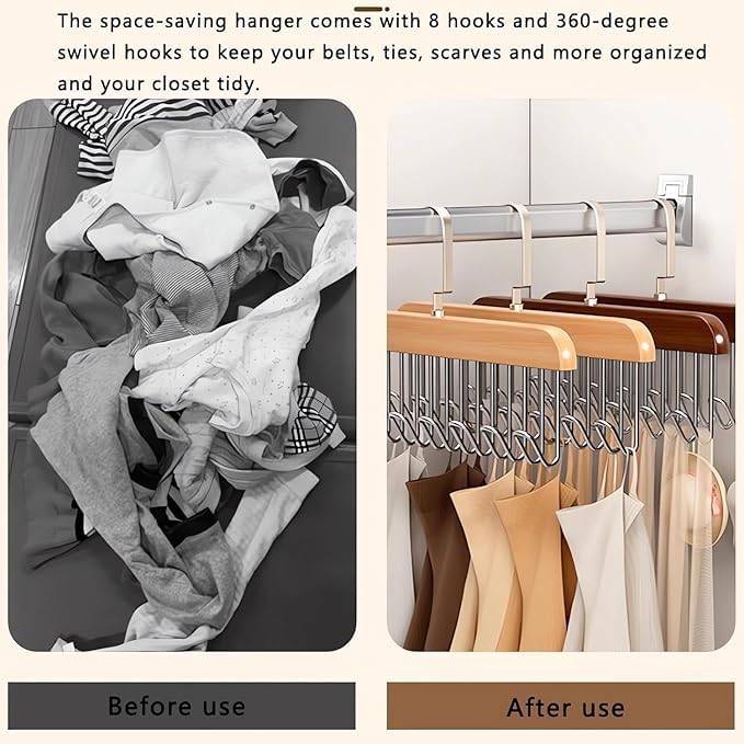 Image of VELVERI 2 Pcs Anti-Slip Multi-Hook Coat Rack | 360 Swivel Wooden Hanger with 8 Hooks | Multifunctional Space Saving Closet Organizer for Belts, Ties, Scarves, Socks, Clothes and Accessories