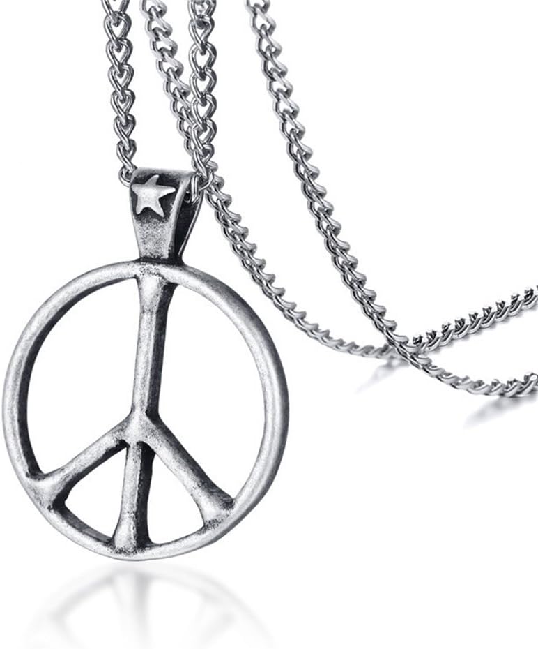 AIMITH Ancient Star Stainless Steel Peace Symbol Pendant Long Chain Necklace Jewelry (Peace Symbol; Stainless Steel)