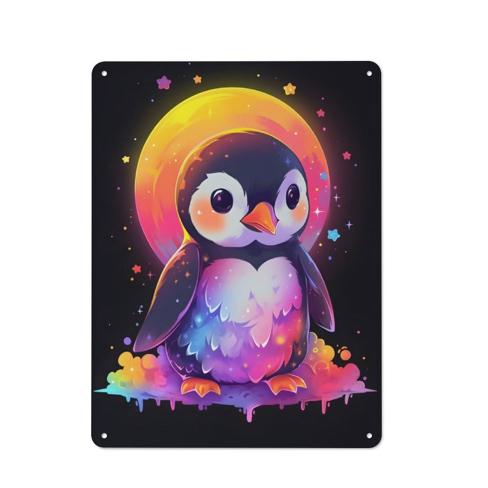 Rustic Vintage Metal Sign 40x30cm Featuring Colorful Penguin And Moon, Home Bar Decor for Cafe, Pub, Workshop Or Home Bar
