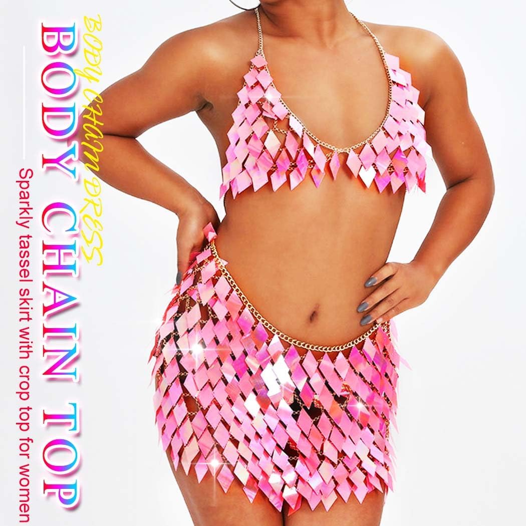 Nicute Sequin Set Women 2 Piece Outfit Body Chain Skirt with Top Rave Outfits for Wome - Image 5