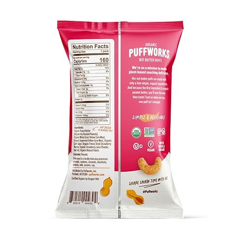 Miniatura 31 de Puffworks Bocadillos de mantequilla de maní orgánica original, 1.2 onzas (paquete de 6), aperitivo proteico a base de plantas, sin gluten y arroz