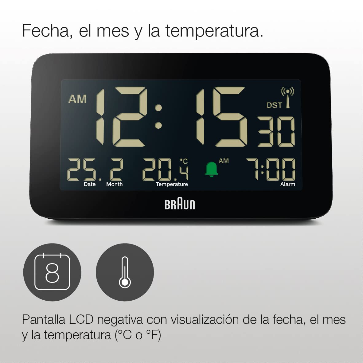 Braun Reloj Despertador Digital controlado por Radio Zona horaria de Europa Central (DCF) con visualización de Fecha, Mes y Temperatura, Pantalla LCD Negativa, Negro, Modelo BC10B-DCF.