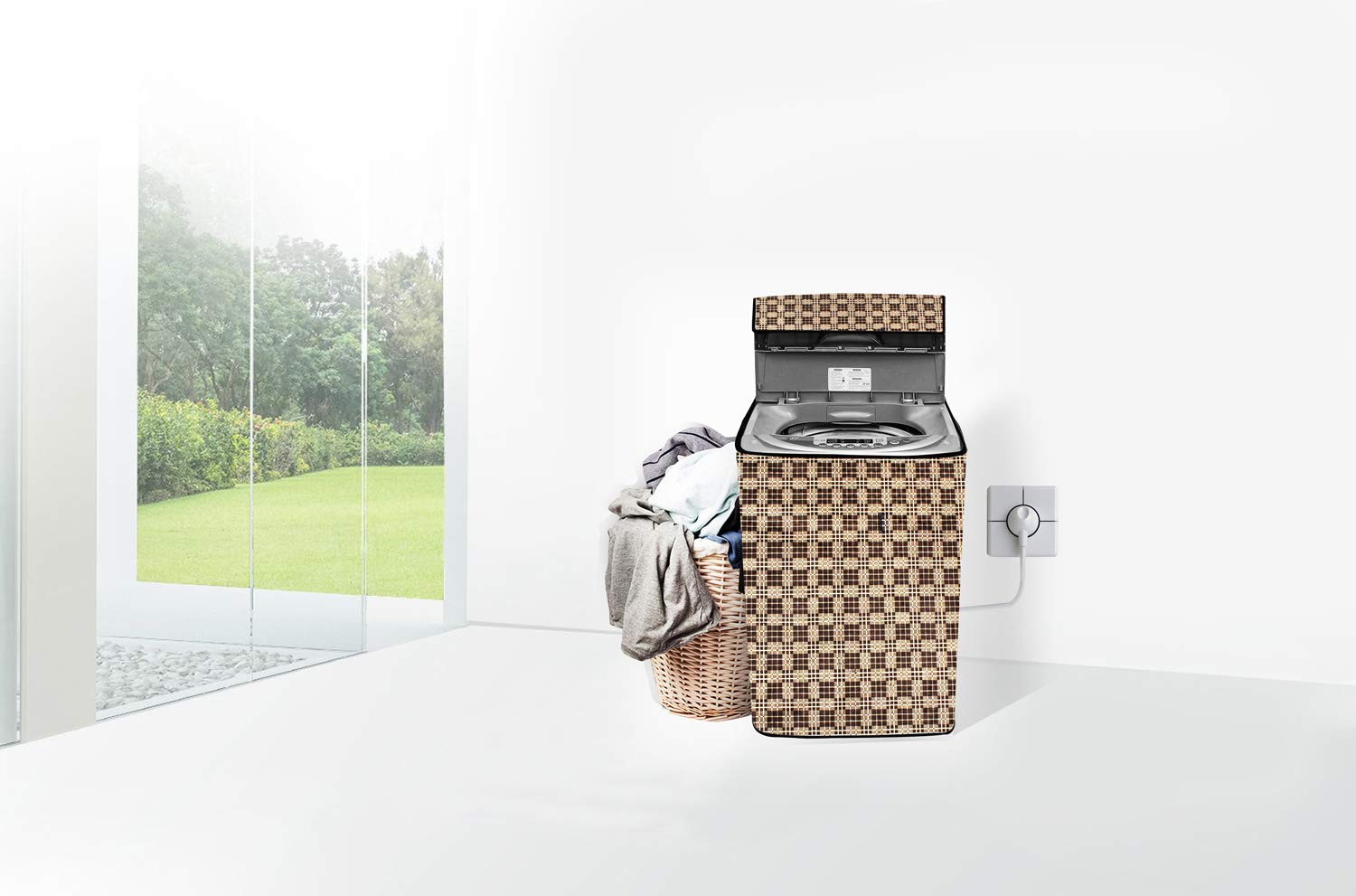 Stylista Washing Machine Cover Compatible for AmazonBasics 6.5 kg Fully-Automatic Top Load Checkered Brown-image-25
