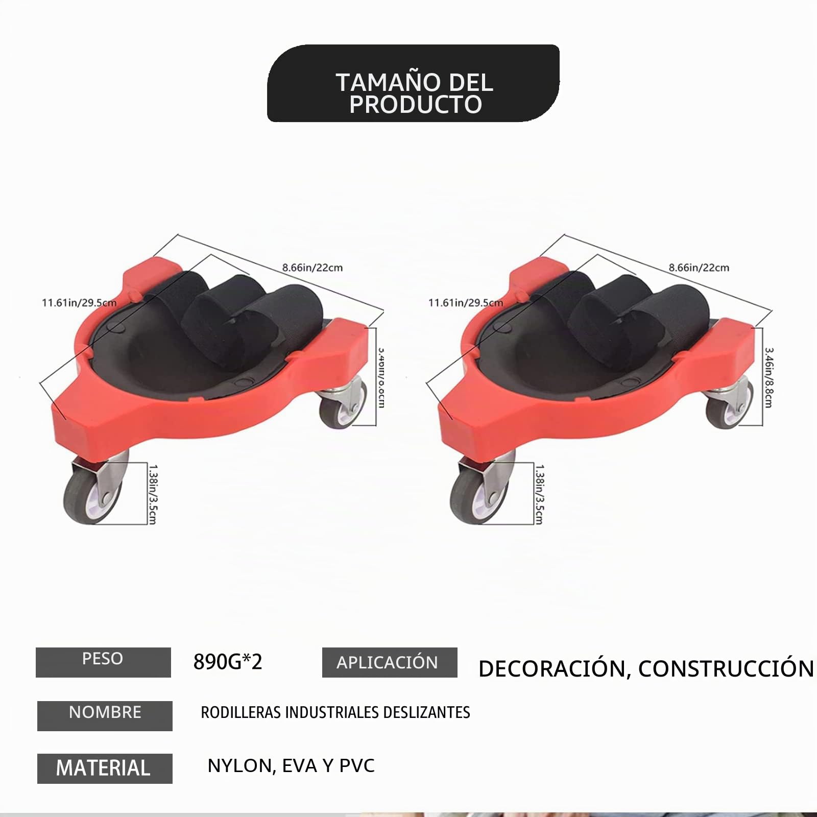 Rodilleras rodantes, 2 unidades, rodilleras que ahorran mano de obra con rueda y correa ajustable para colocar azulejos de suelo, ahorrar trabajo (rojo)
