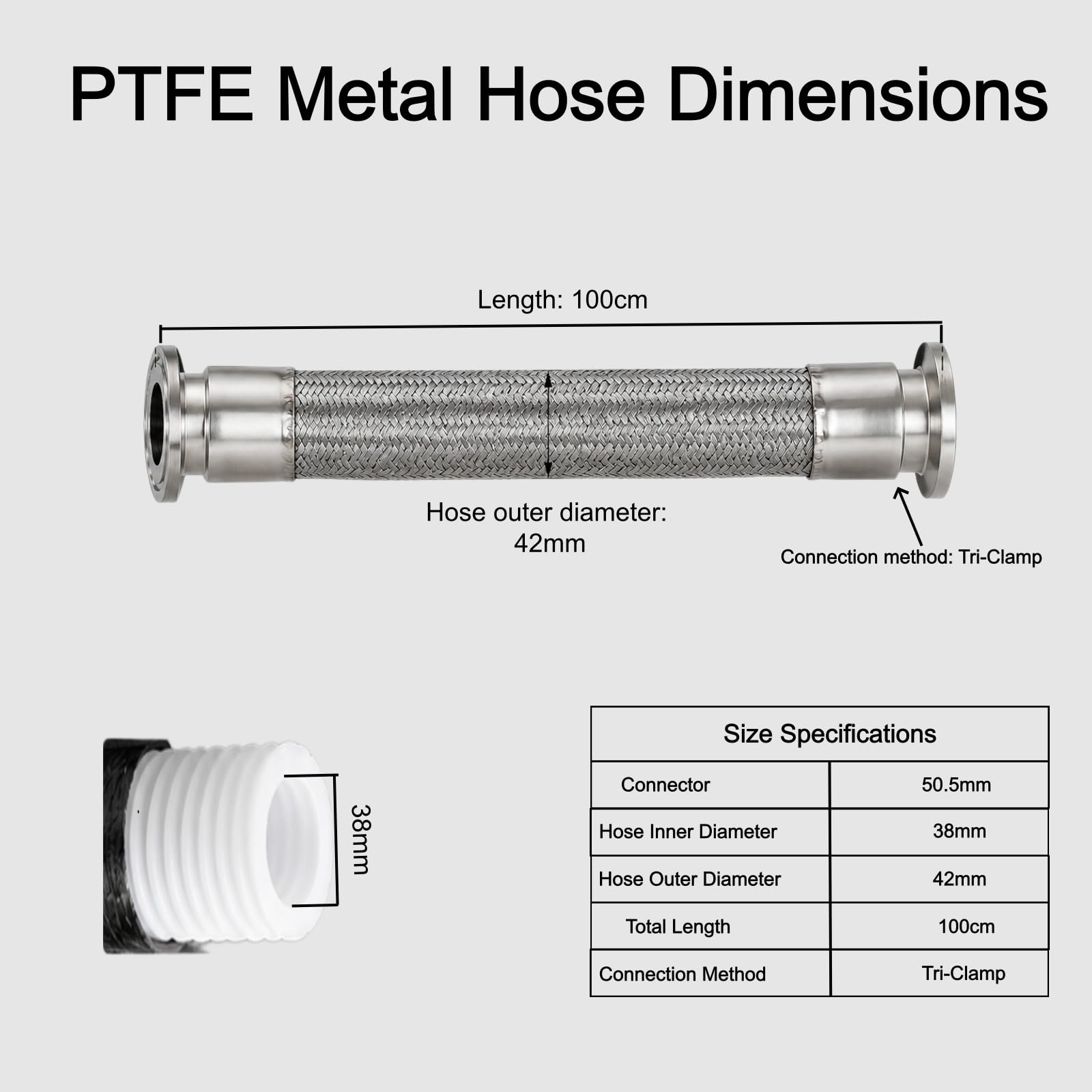 PTFE Wellschlauch mit 304 Edelstahlgeflecht 2 Zoll Tri-Clamp Flexibler Schlauch für Labor- und Industrieflüssigkeitstransfer 38mmx42mm,100cm