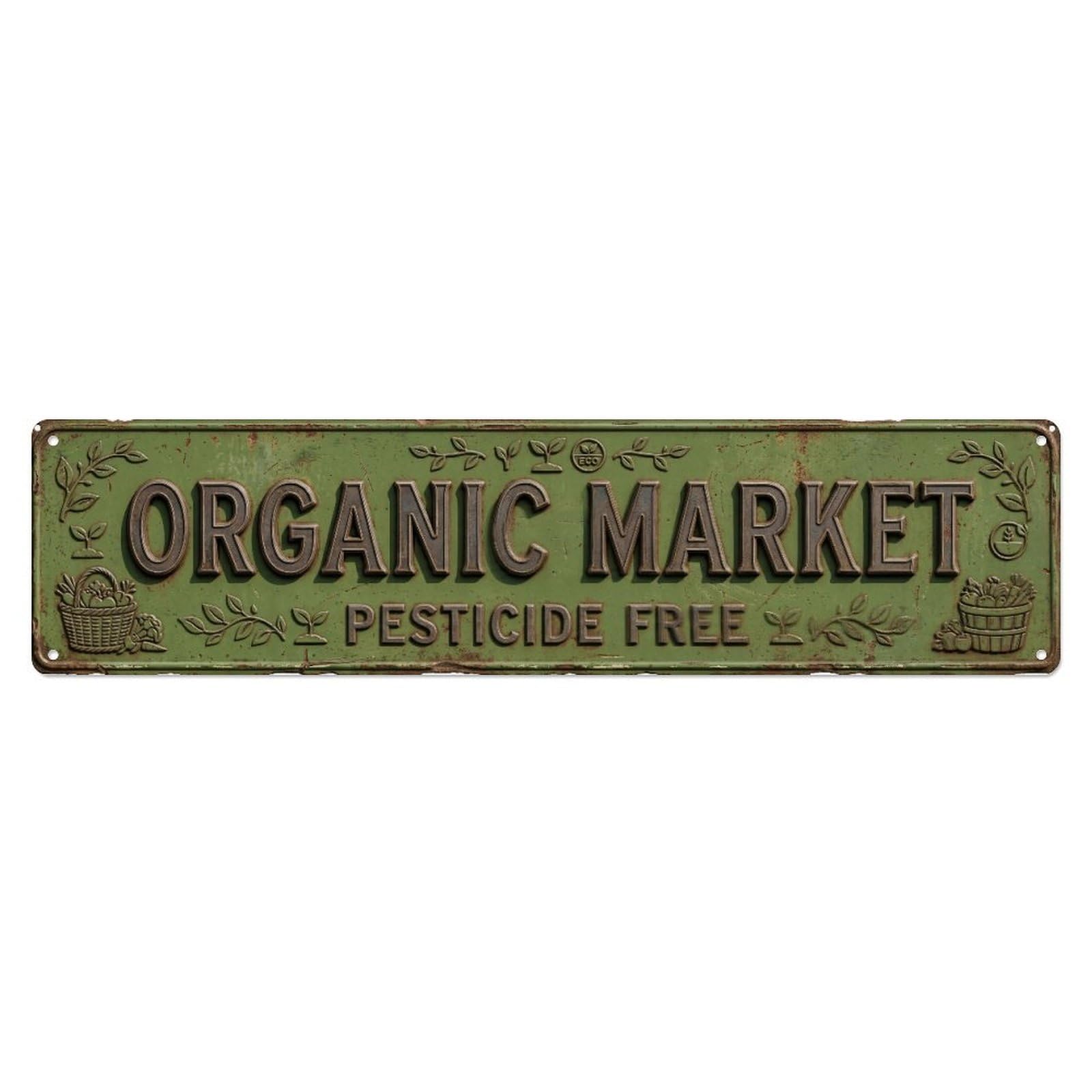 ORGANIC MARKET Natural Foods Metal Tin Skinny Sign Plaque Wall Decor for Cafe, Club Bar, Office, Home Garden Metal Poster 4x16Inch