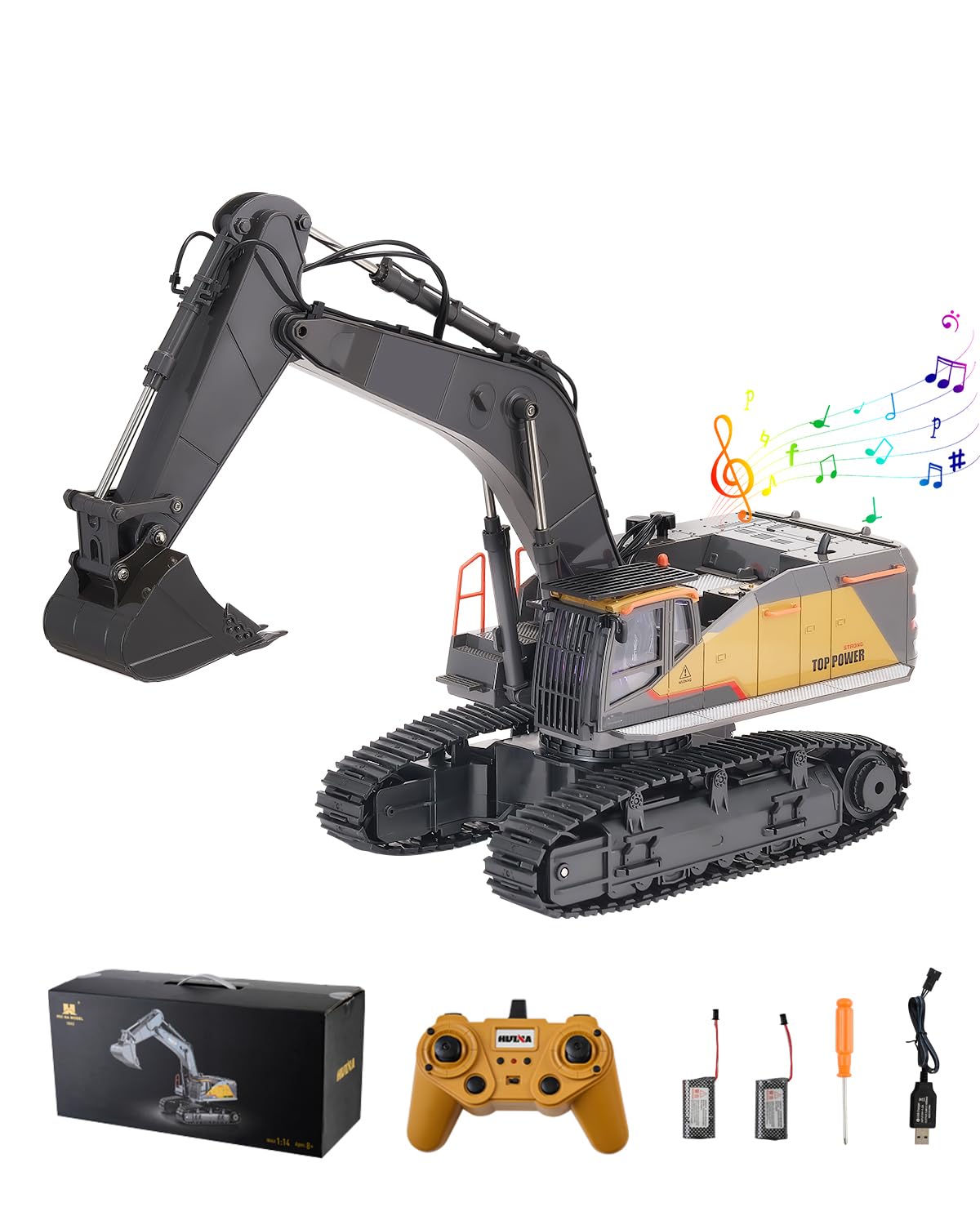 VEVOR Pelleteuse Télécommandée 22 Canaux Excavatrice RC Enfants Échelle 1:14 Pelle Métallique, Lumière et Son, Batterie Rechargeable, Jouet Véhicule de Construction, pour Enfant, Cadeau d'Anniversaire