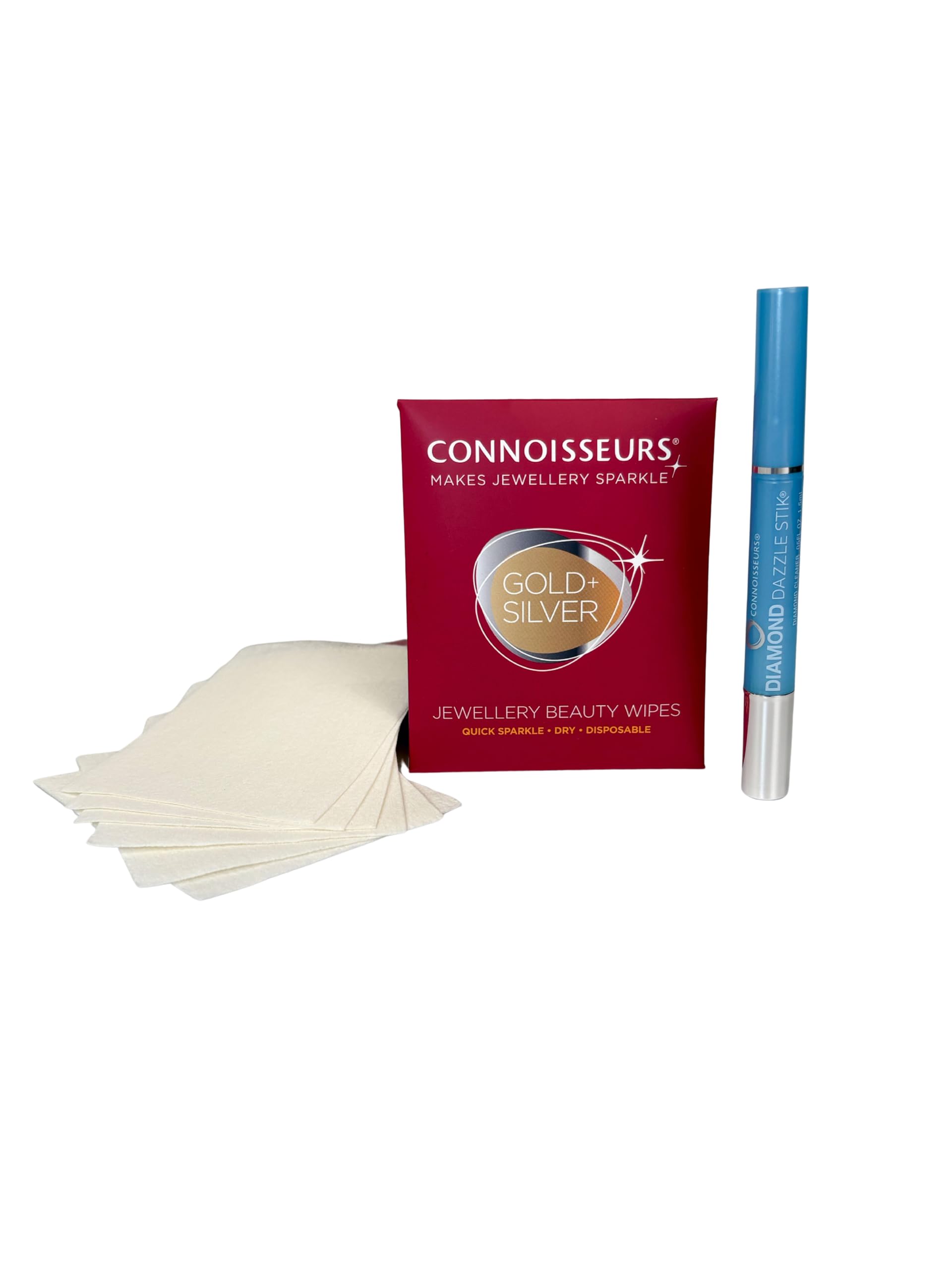 Connoisseurs Zestaw do czyszczenia biżuterii, diamentowy sztyft i 6 ściereczek do czyszczenia, do czyszczenia biżuterii, złota, diamentowa, platynowa i srebrna, czyszczenie pierścionków