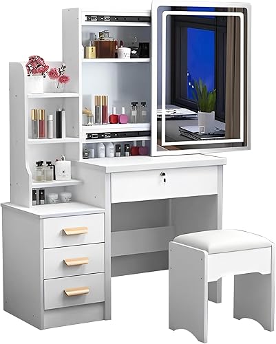 Miniatura 8 de Leavader Juego de tocador con espejo iluminado, escritorio blanco con 4 cajones y estantes, diseño de espacio de almacenamiento oculto, mesa de