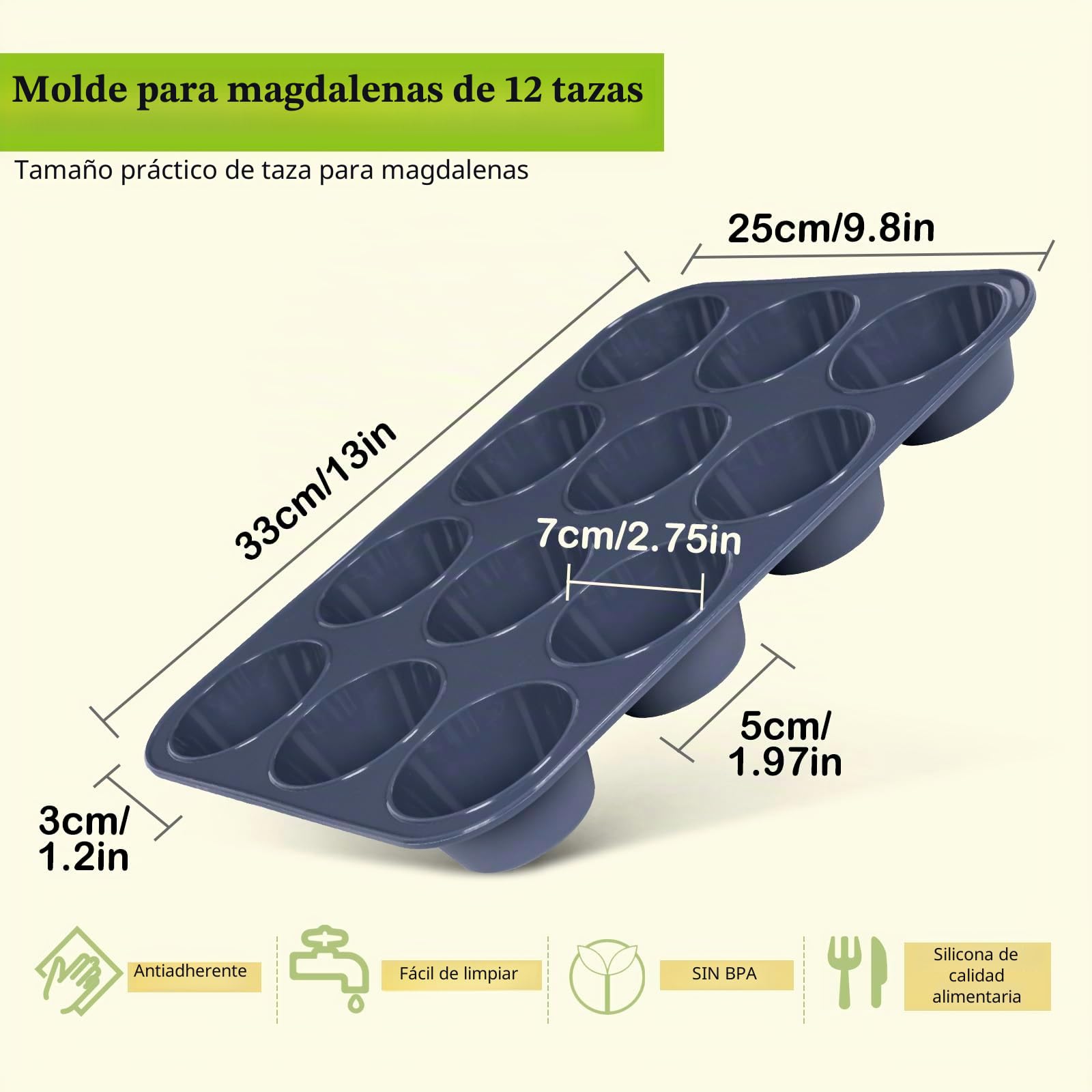 SUPER KITCHEN Grande Molde de Silicona para 12 Magdalenas, Bandejas para Hornear Muffin con Recubrimiento Antiadherente para Muffins, Cupcake, Brownie, Pudín 33 x 25x 3 cm (Gris)