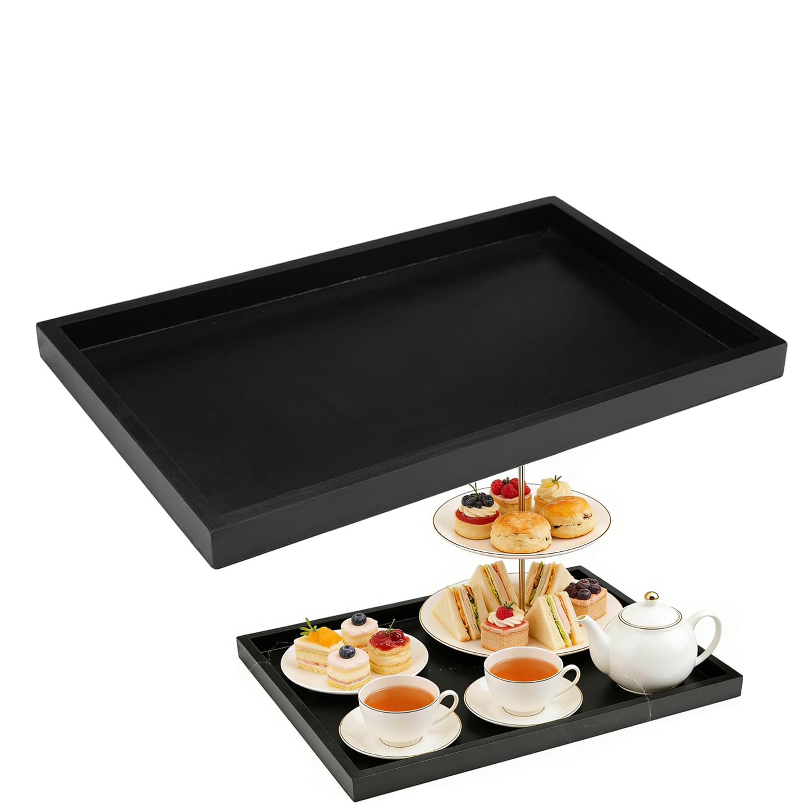 Black Serving Tray 30x20x2cm Wood Tray Anti-Slip Trays for Eating on Lap