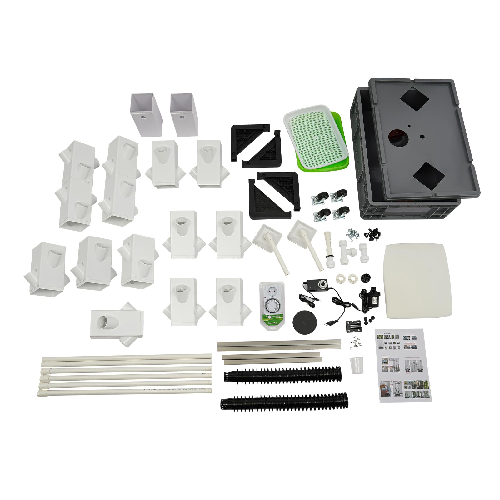 OUKANING 56 piante idroponiche Tower, 164 cm, giardino verticale con pompa e timer, 4 ruote con 2 freni, sistema di irrigazione automatico per balcone, interno, base grigia, colonne bianche