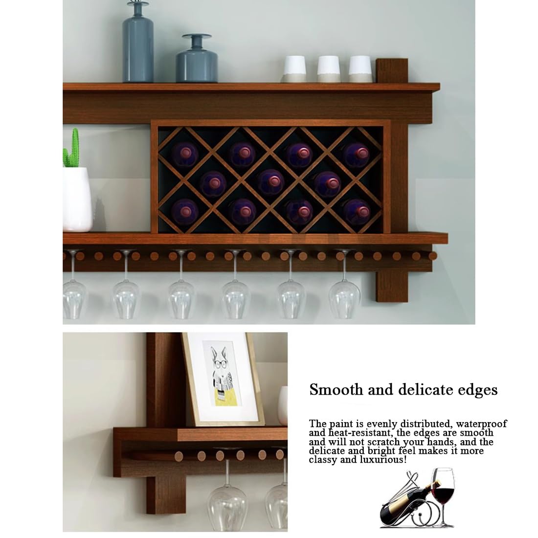Portabottiglie vino parete Mensola cantinetta vino legno con ripiani portaoggetti e portabicchieri, angolo bar espositore galleggiante multifunzionale, moderno supporto a forma di diamante(White,140CM