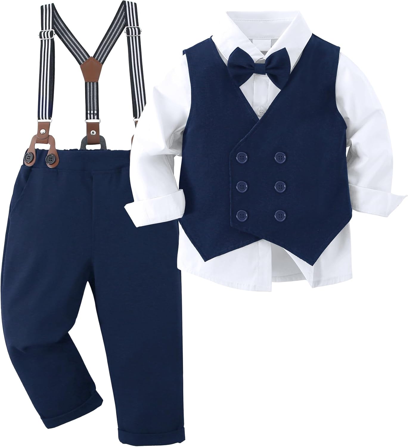 YALLET Boy Clothes Suits, Formal Dress Shirt with Bowtie+Vest+Suspender Pants Big Kid Gentleman Wedding Outfits 6-10 Years