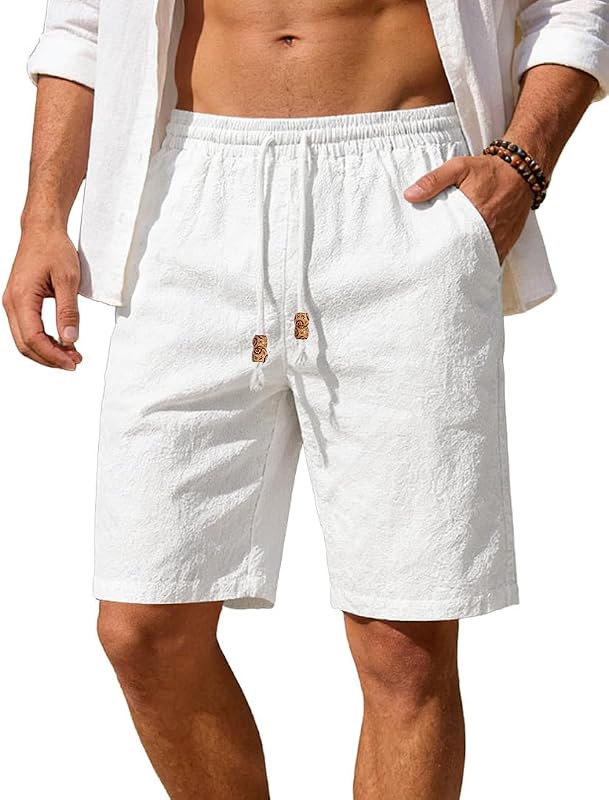 Pantalones cortos casuales de lino de algodón para hombre con cintura elástica y cordón de ajuste Pantalones cortos de verano para vacaciones en la playa con bolsillos