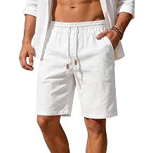 Mens Cotton Linen Shorts Casual Elastic Waist Drawstring Summer Beach Vacation Shorts with Pockets