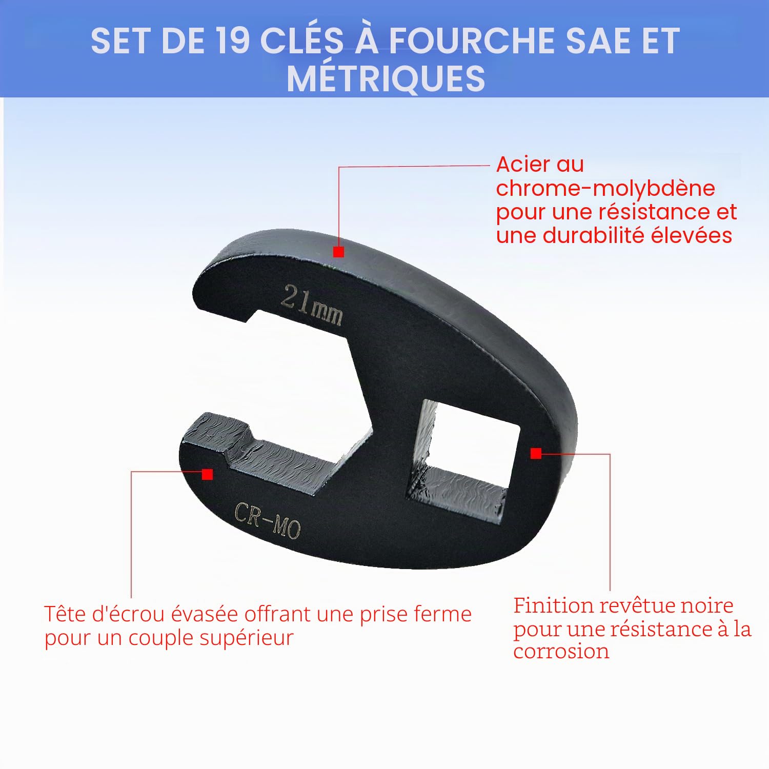 Lot de 19 clés à pied de robinet - Couple 1/2" 3/8" - Entraînement carré extérieur 8-32 mm - Clé à douille - Jeu de clés à douille - Jeu de clés à pied d'oie