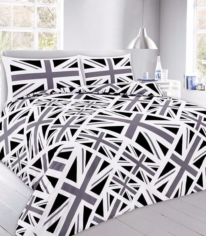 Bella Nights Union Jack Printed Duvet Cover Set with Pillowcases – Reversible Design Easy Care Polycotton Bedding Set – Soft Durable & British Flag Print (Black, Single)