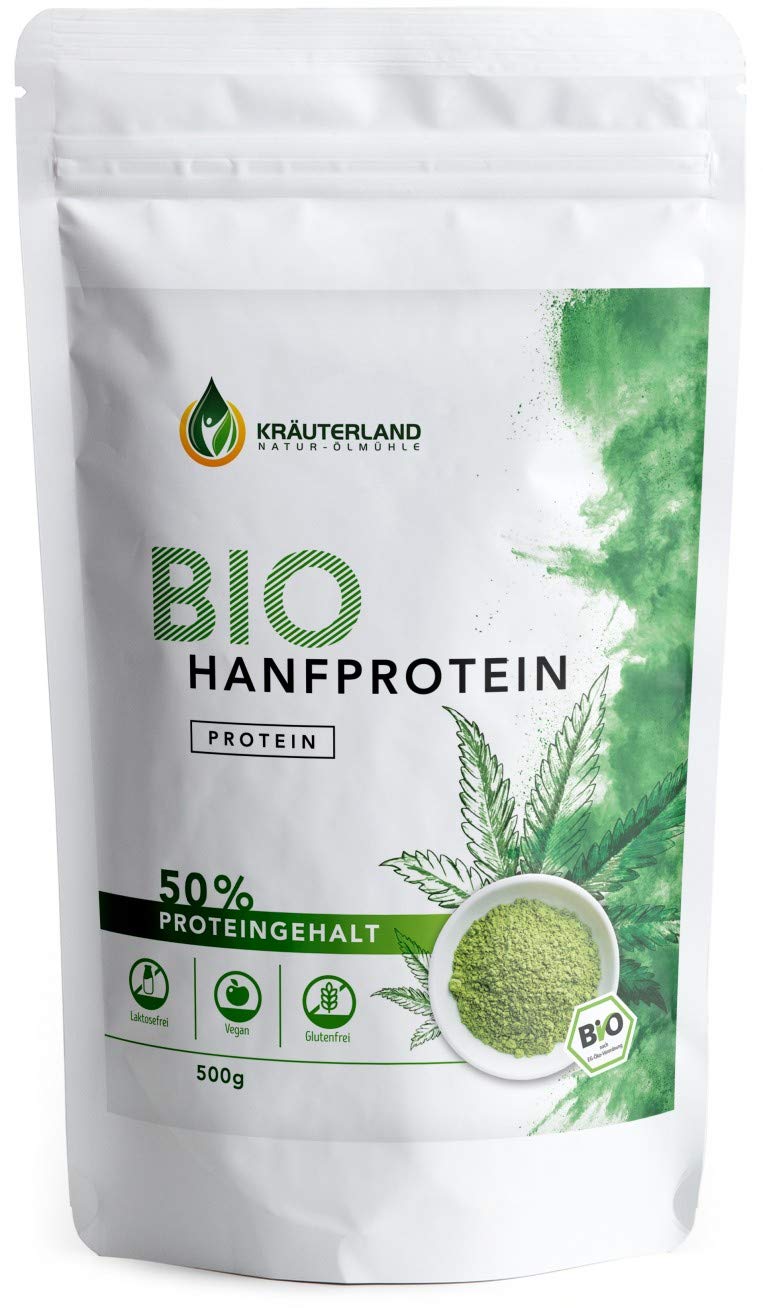 Kräuterland Bio Hanfprotein Pulver 500g - rein pflanzliches Proteinpulver, vegan, glutenfrei, laktosefrei- hoher Proteingehalt von 50% - Pflanzenprotein in Premium Qualität