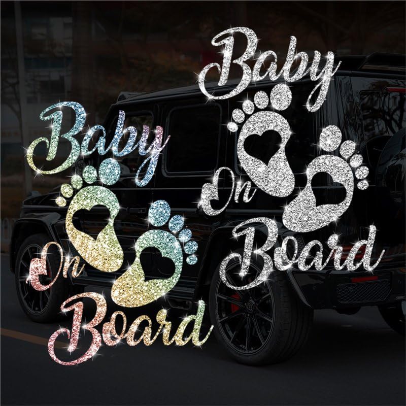 Baby on Board Sticker for Car, 2 PCS High Visibility Reflective Car Safety Decal, Baby on Board Sign, Easy Apply and Remove Universal Vehicle Safety Sticker(1 Silver Glitter and 1 Color Glitter)