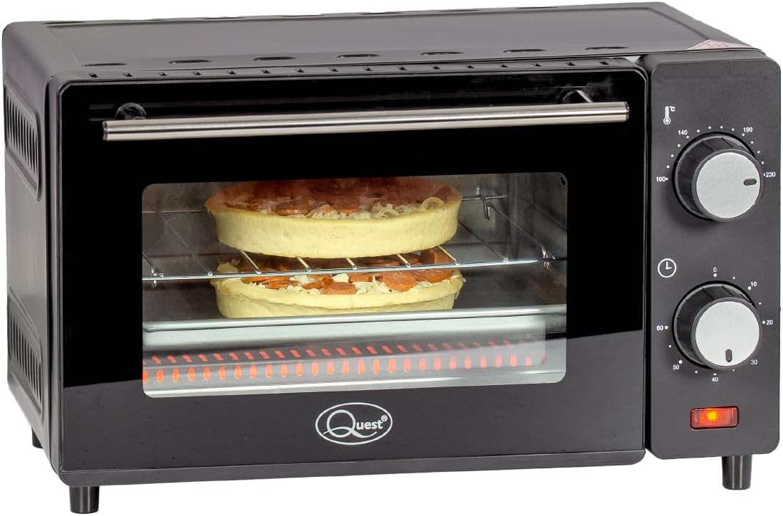 Quest 35409 Compact 9L Mini Oven/Temperature Controlled from 100-230° / 60 Minute Timer with Auto Shut Off / 650W / Tempered Glass Door / 36.5 cm x 28.5 cm x 22.1 cm, Black
