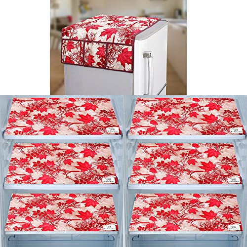 Image of Polyester 3-Layered Fridge Top Cover /Refrigerator Cover With Utility Pockets and Set of 6 Pc Fridge Mats (Color-Floral Red, Size- 39x21 Inch)