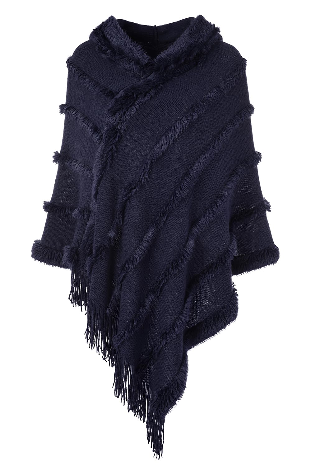 Ferand Ladies' Lightweight Fuzzy Striped Poncho Sweater with Hood Casual Spring Cape for Women, Navy