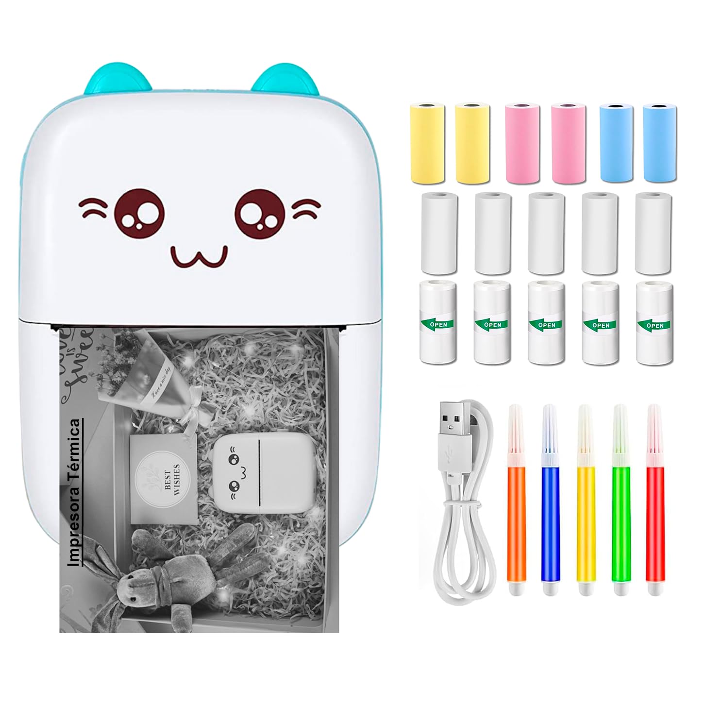 Mini Impresora Termica para Movil Compatible con iOS, Android Impresora Portatil Recargable Impresora Bluetooth, 16 Rollos de Papel (Azul)