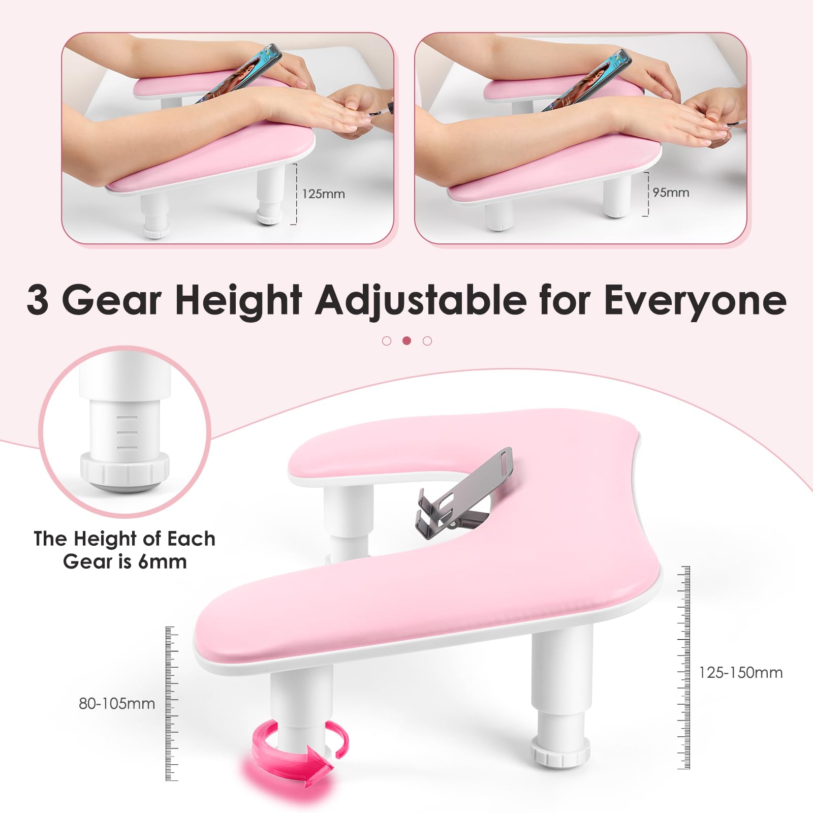 Reposabrazos para uñas para la mano: cojín de mano ajustable con altura y soporte para teléfono giratorio de 360° – Reposabrazos para uñas de cuero PU rosa para uso en salón de uñas y en casa