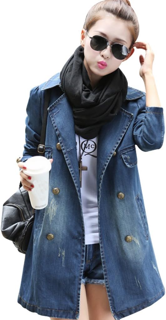 Wincolor Women's Double Breasted Button Down Ripped Denim Trench Coat