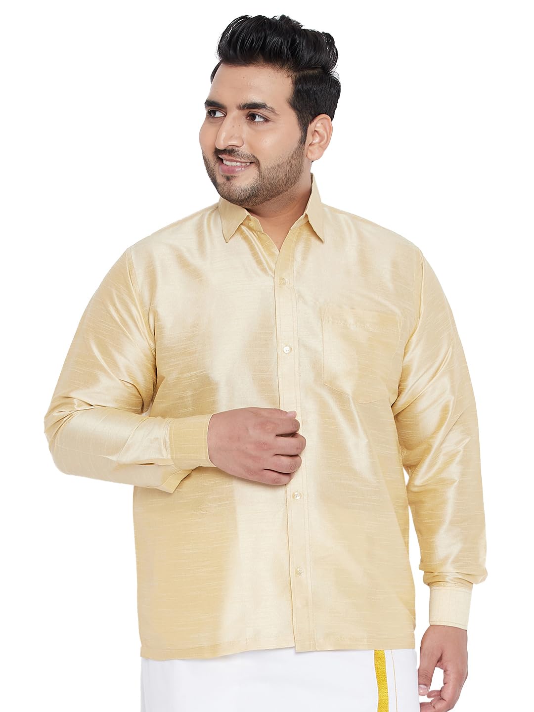 VM Mens Silk Blend Gold Shirt - Effortless Style for Everyday Comfort | Ethnic South Indian Silk Shirt Full Sleeves | Modern Designs and Contemporary Fit_VASMSH002GO_48