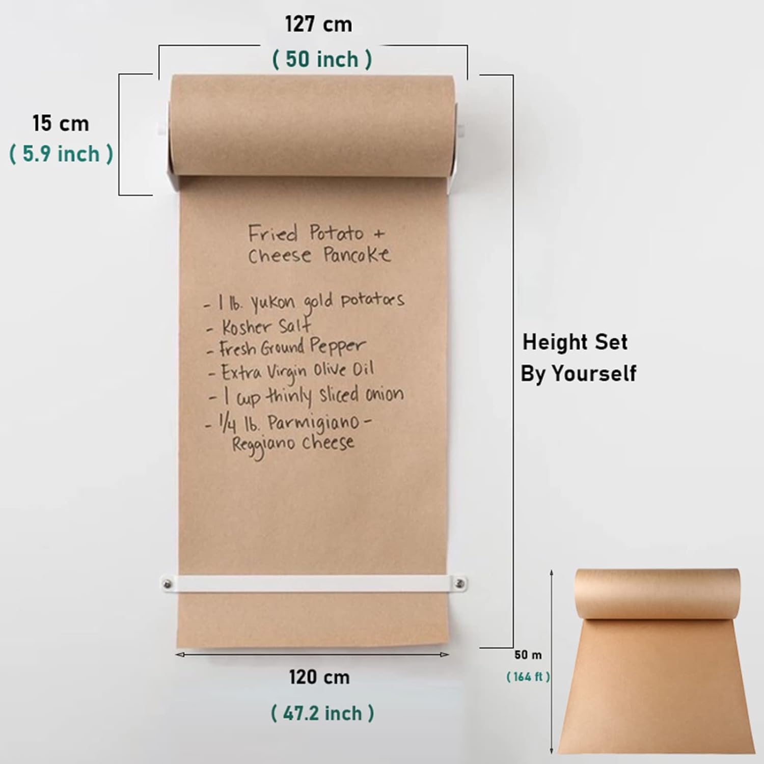 Dozownik i obcinak do papieru kraft do kawy - zawiera rolkę papieru kraft 50 m, uchwyt do menu ściennego i biały uchwyt 127 cm, biały uchwyt - 127 cm/50