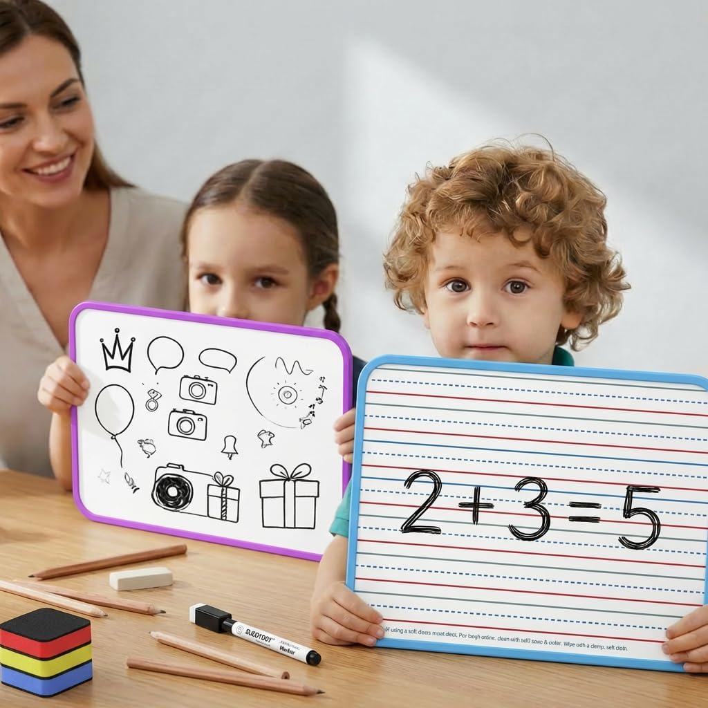 Dry Erase Boards 6 Pack, Colored Frame Double Sided Magnetic Small Whiteboards with Lines for Kids, Students, Teacher & Classroom Pack