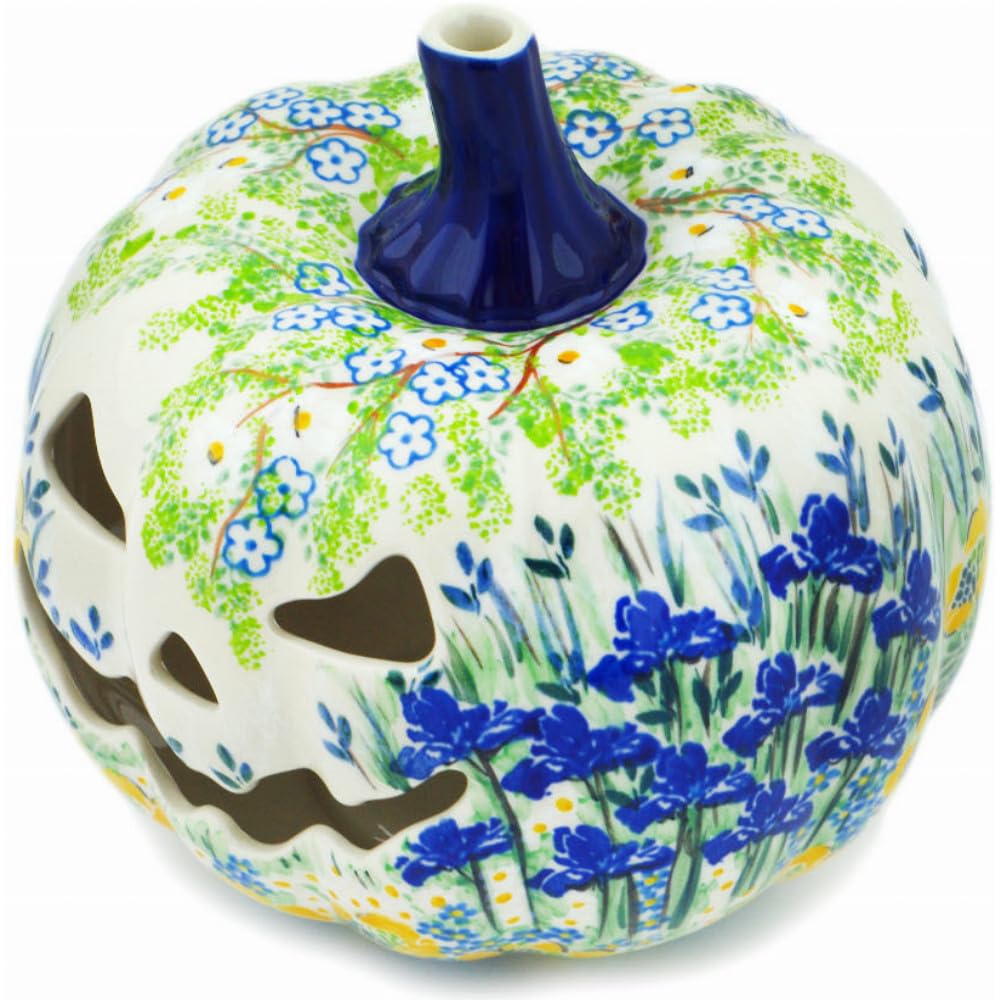 Authentic Polish Pottery Jack O Lantern Candle Holder Signature UNIKAT in Peaceful Garden Design Handmade in Boles?awiec Poland by Ceramika Artystyczna + Certificate of Authenticity