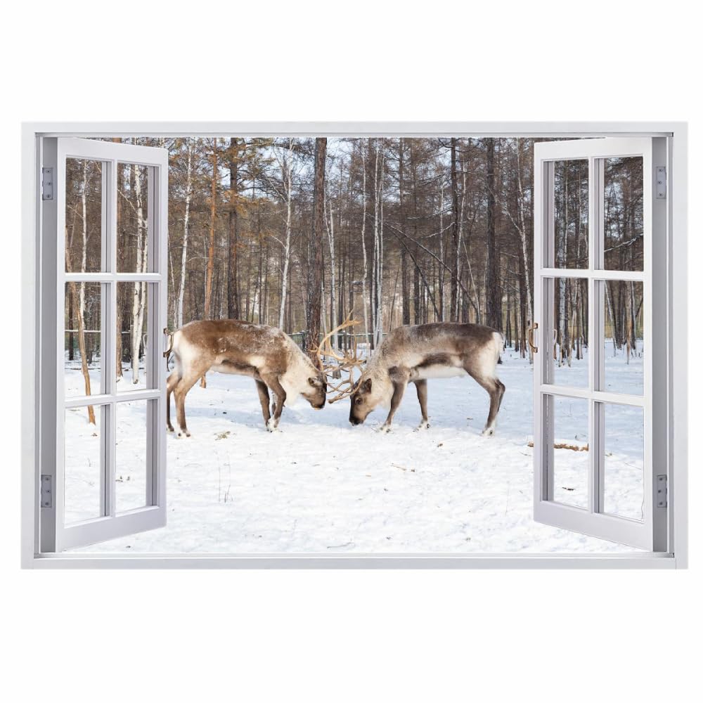 3D Wandtattoos Durchbruch Wandbild Schneehirsch Selbstklebend Kinderzimmer Aufkleber Wandaufkleber Winterwald Abnehmbare Wandsticker für Kinderzimmer Wohnzimmer Schlafzimmer Deko