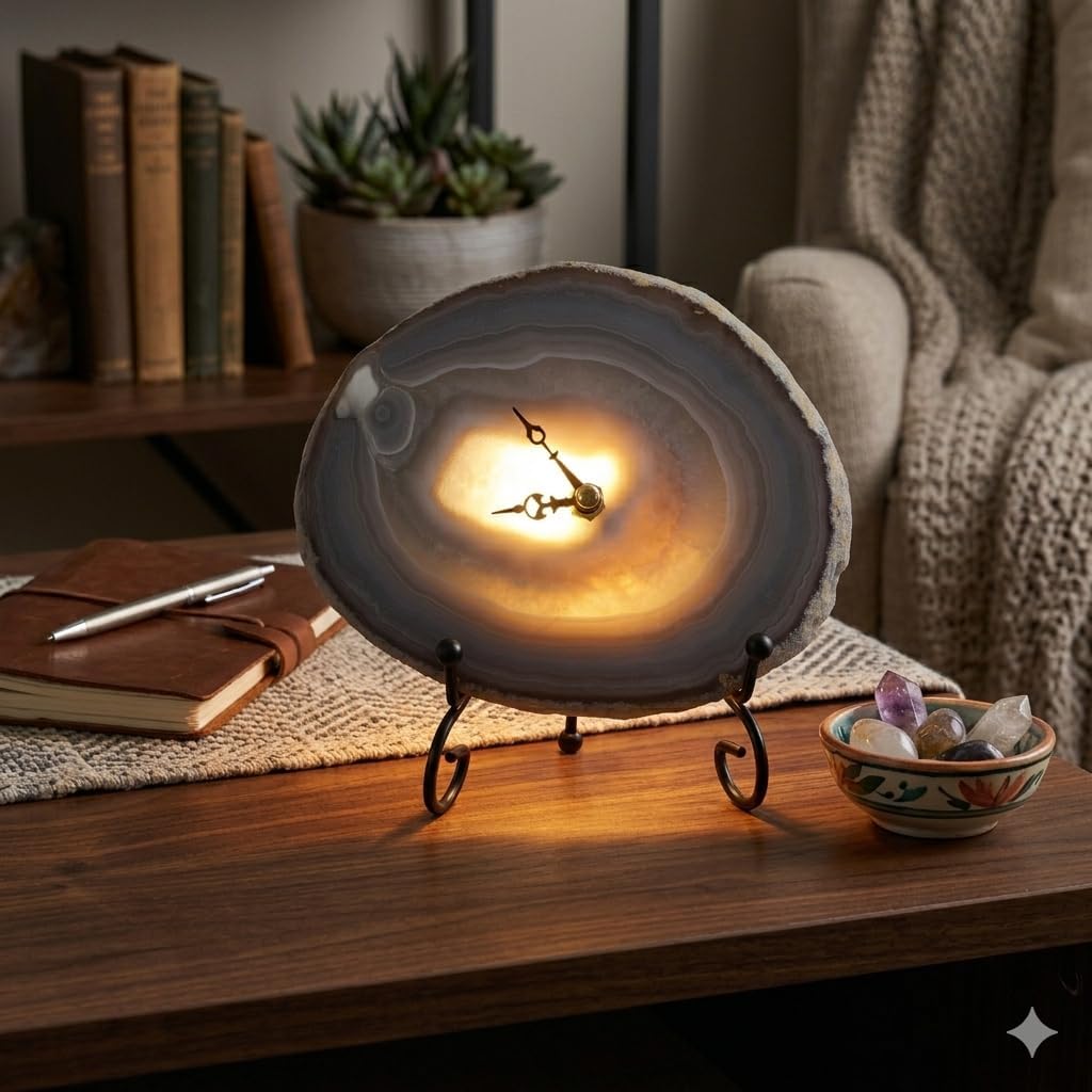 Natural Agate Slice Desk Clock with LED Backlight - Unique Raw Crystal Quartz Table Clock, One-of-a-Kind Geode Gemstone Art for Home Office Decor, USB Powered, Random Unique Pattern