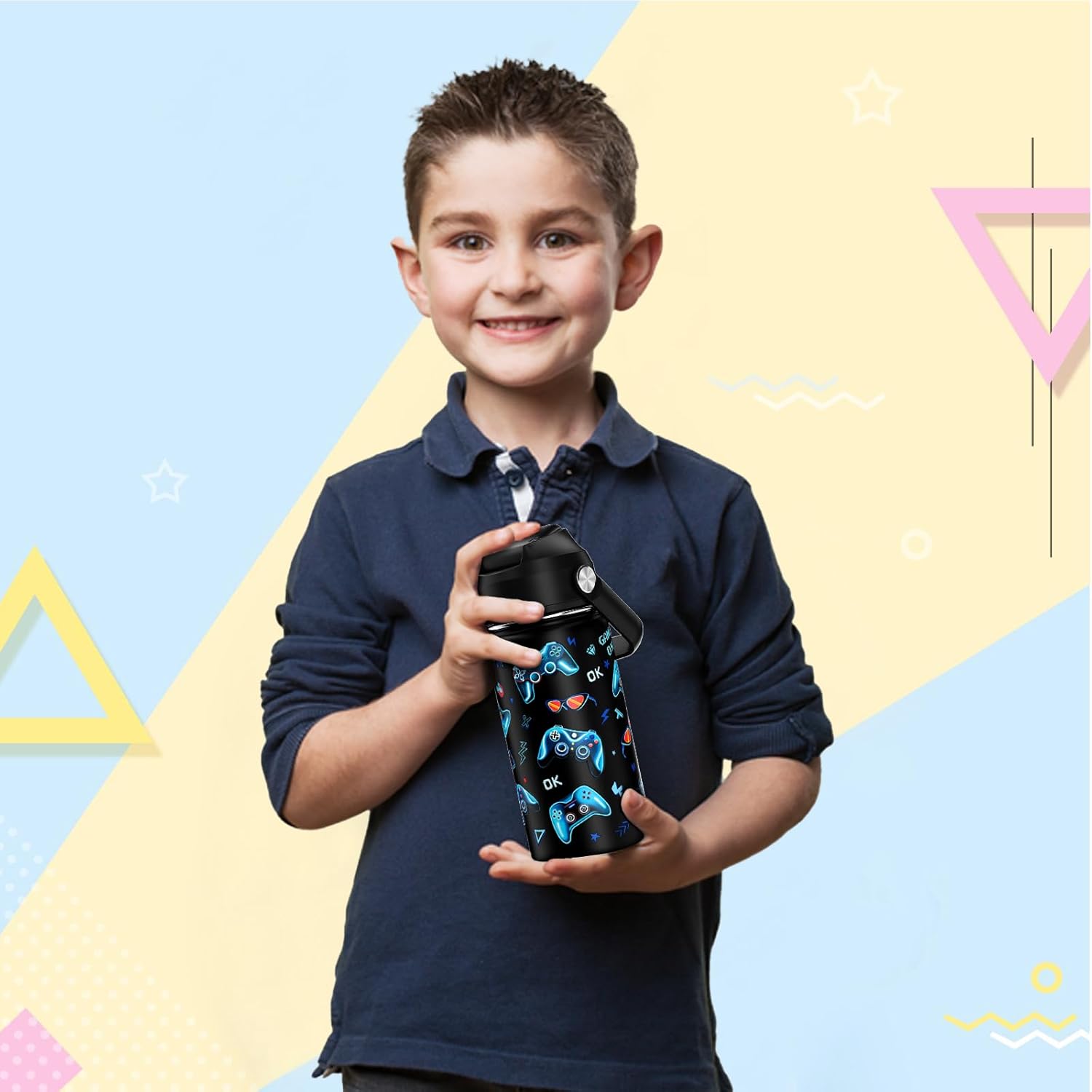 14oz Kids Insulated Water Bottle with Straw Lid - 18/8 Stainless Steel Kid Cup Travel Tumbler Double Wall Vacuum Leak Proof Portable Toddler Water Bottle (Game) - Image 6