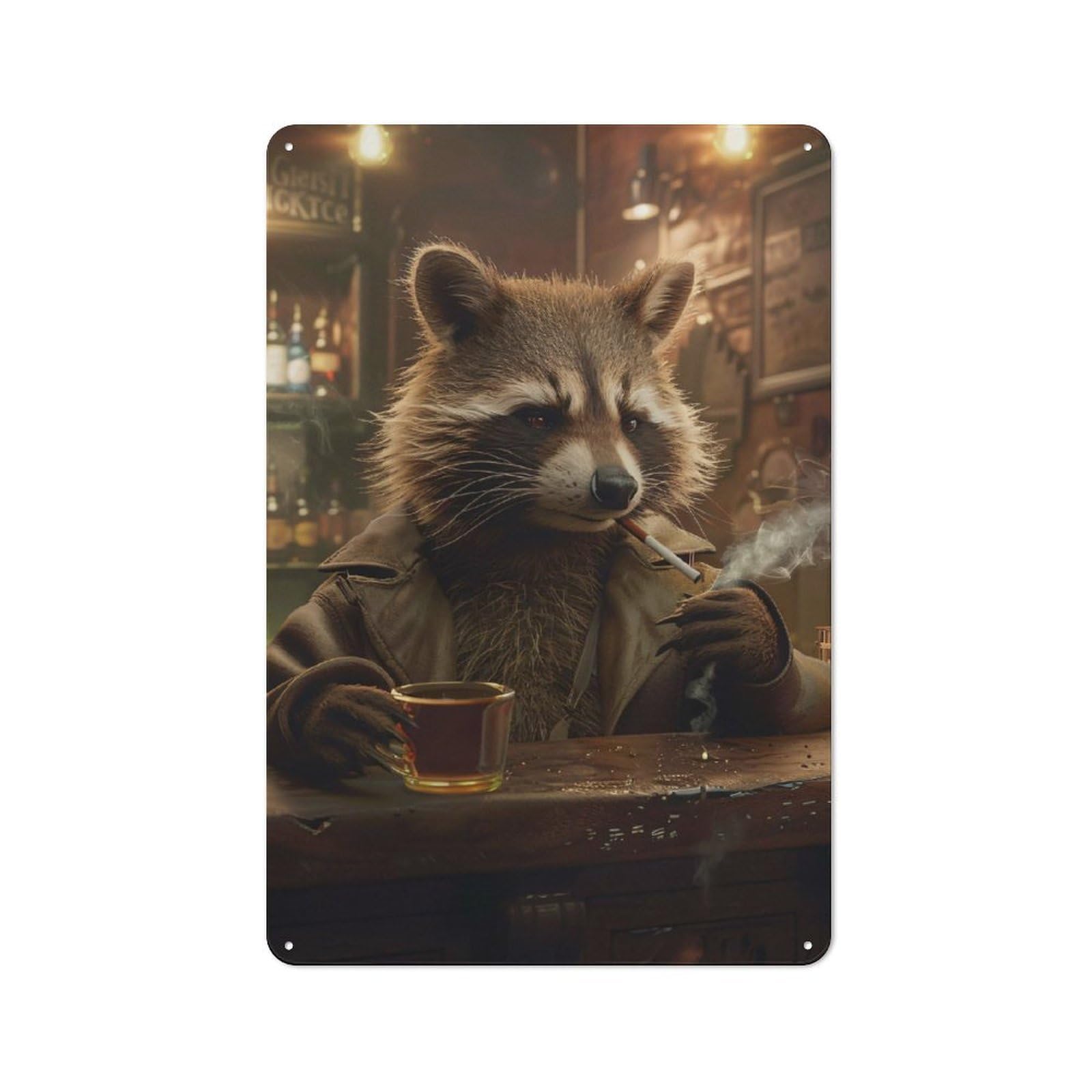 Junmoney Style-2 Anthropomorphic Raccoon Smoking In A Bar Warehouse Style Metal Wall Decor 30X20cm, Tin Wall Sign For Modern Home, Workshop, Office Or Cafe
