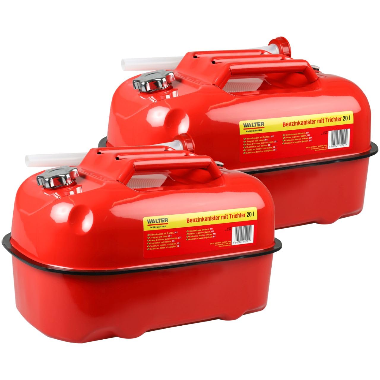 WALTER 2x 20 L Horizontaler Benzinkanister mit Trichter 2-Set, Bootskanister, Kraftstoff-Kanister, Benzintank, Container Store für Heizöl Benzin Diesel