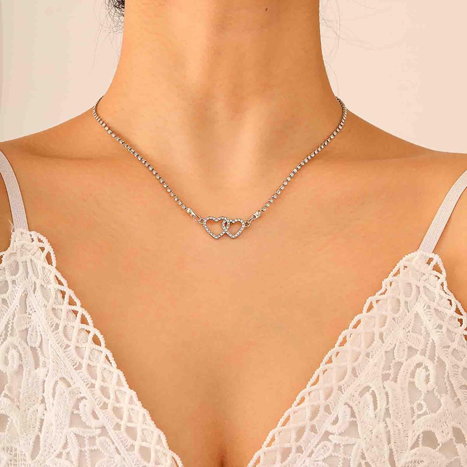 Vintage Crystal Heart Choker Necklaces Rhinestone Heart Pendant Necklaces Silver Interlocking Heart Necklace Tennis Chain Necklace Cz Heart Collar Necklaces Jewelry for Women - Image 2