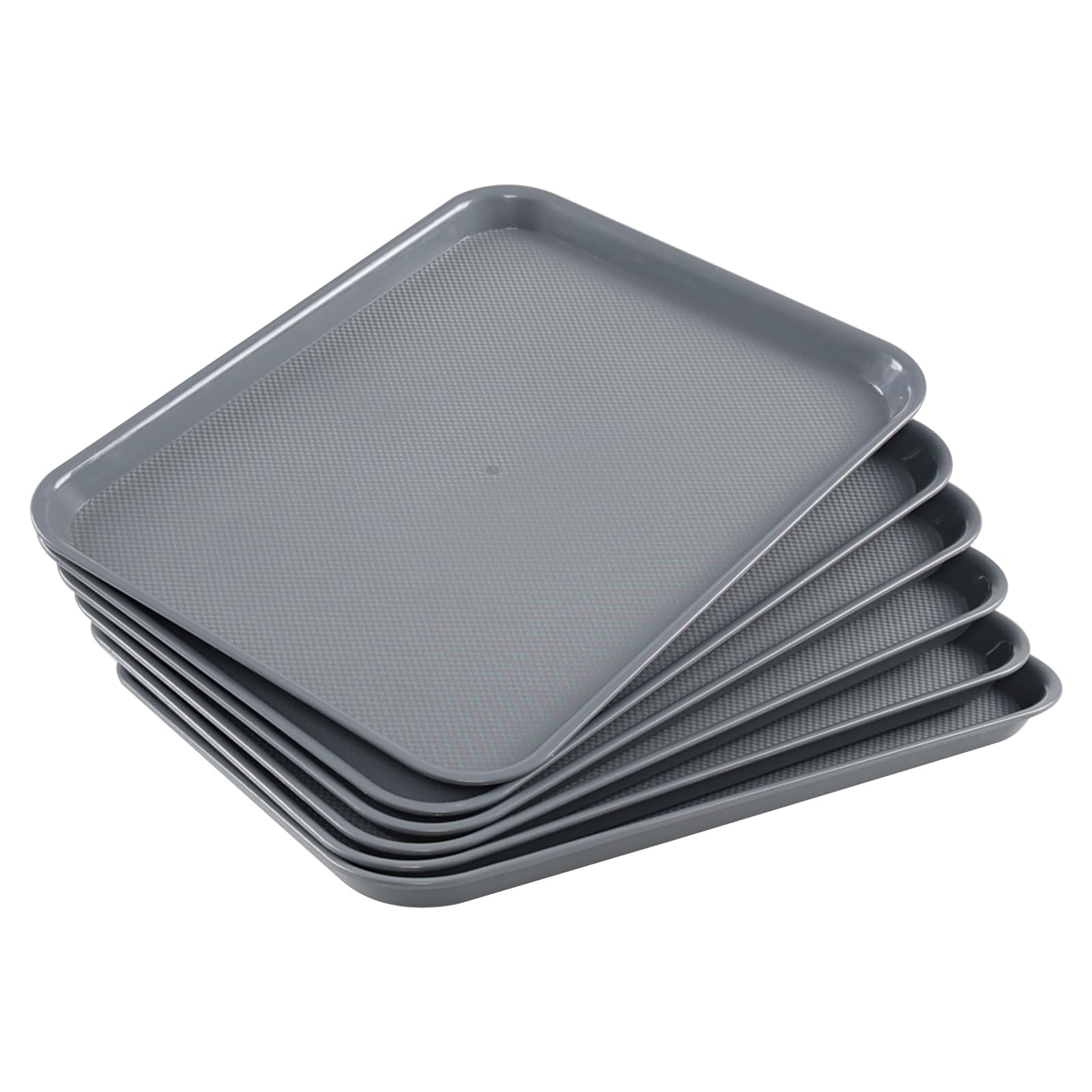 Lot de 6 plateaux de restauration rapide en plastique, grand plateau de service rectangulaire pour restaurant, gris